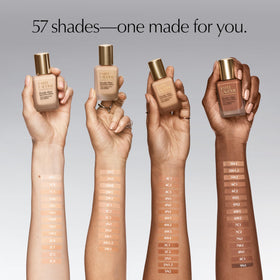 Estée Lauder model wearing foundation in lifestyle scene proving natural matte look