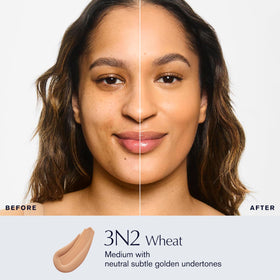 Estée Lauder foundation pouring from bottle emphasizing controlled dispensing