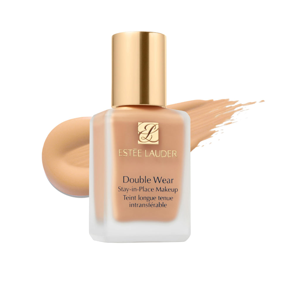 Estée Lauder front bottle of Double Wear 1N1 Ivory Nude highlighting long-wear benefits