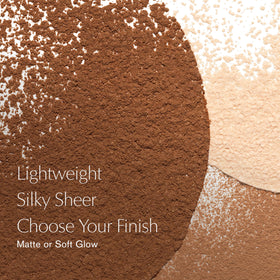 Estée Lauder powder being applied with brush for matte, shine-free benefit