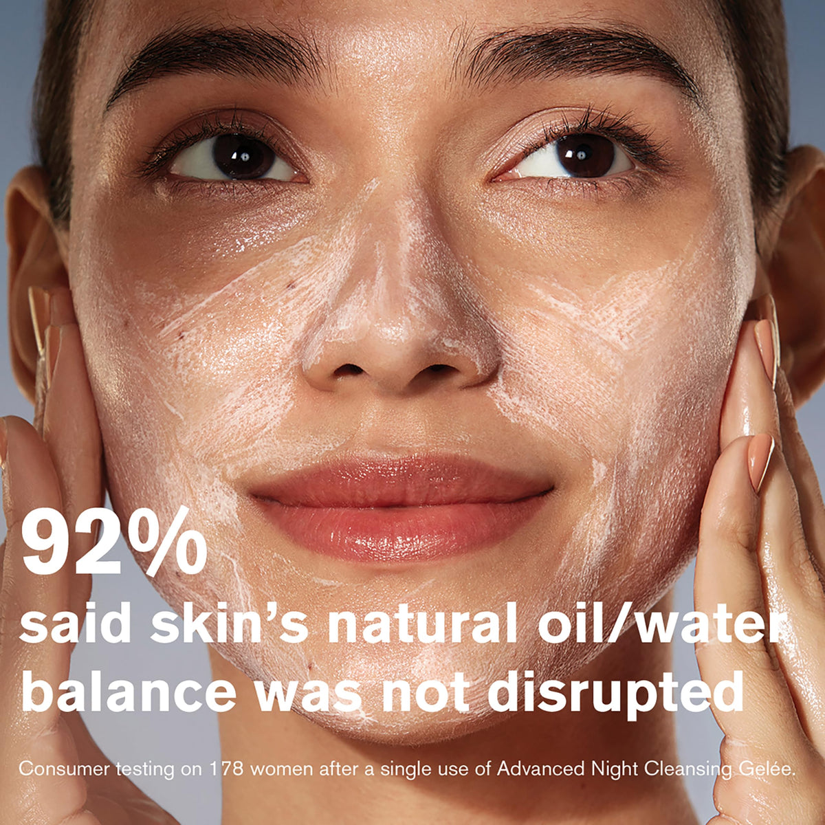 Estée Lauder soft foam close-up on hand, highlights gentle lather and comfortable cleansing