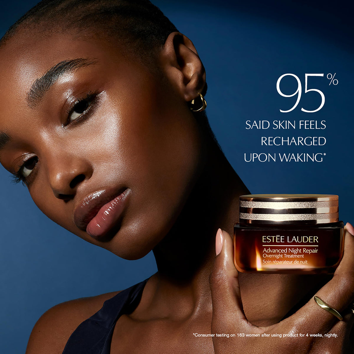 Estée Lauder label close-up highlighting Night Peptide and hyaluronic acid benefits