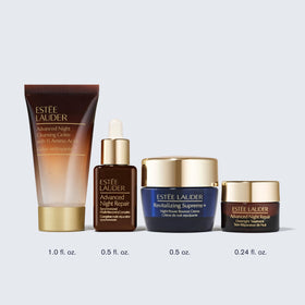 Estée Lauder products arranged on bathroom shelf for nightly routine convenience and elegance