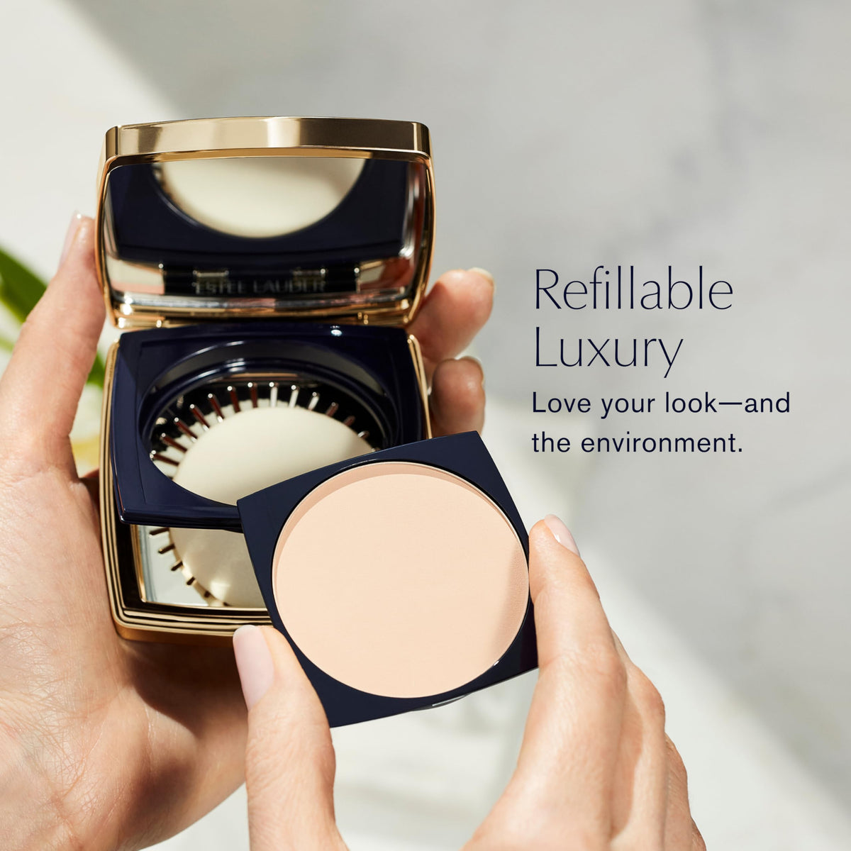 Estée Lauder in-bag lifestyle scene showing quick touch-up convenience benefit