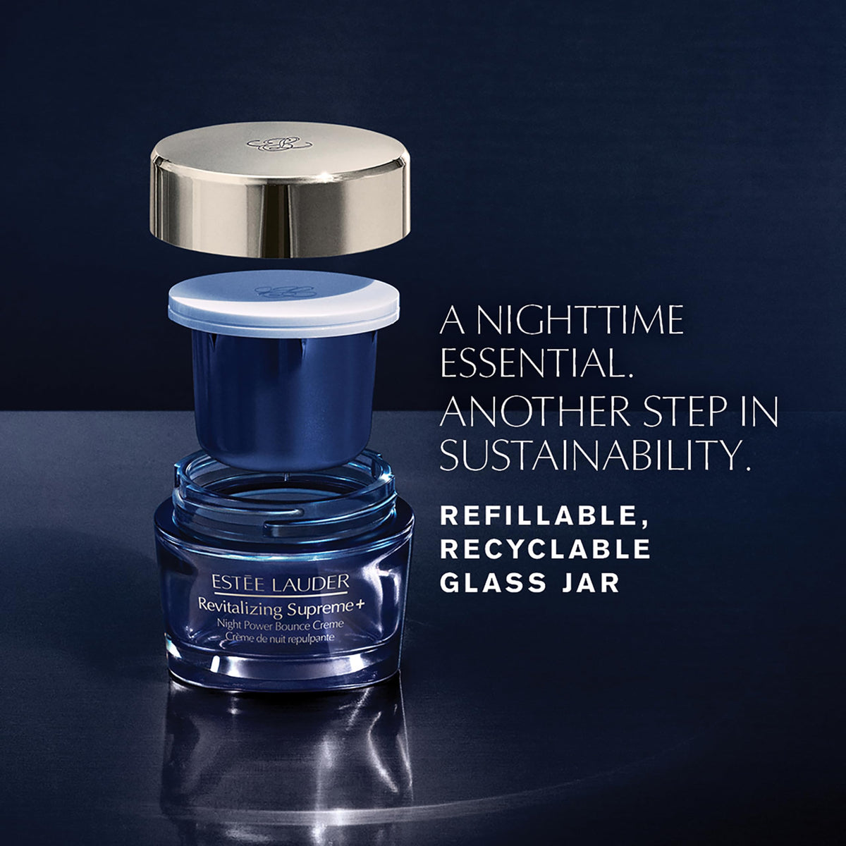 Estée Lauder recyclable glass jar with lid emphasizing sustainable packaging benefit
