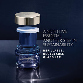 Estée Lauder recyclable glass jar with lid emphasizing sustainable packaging benefit