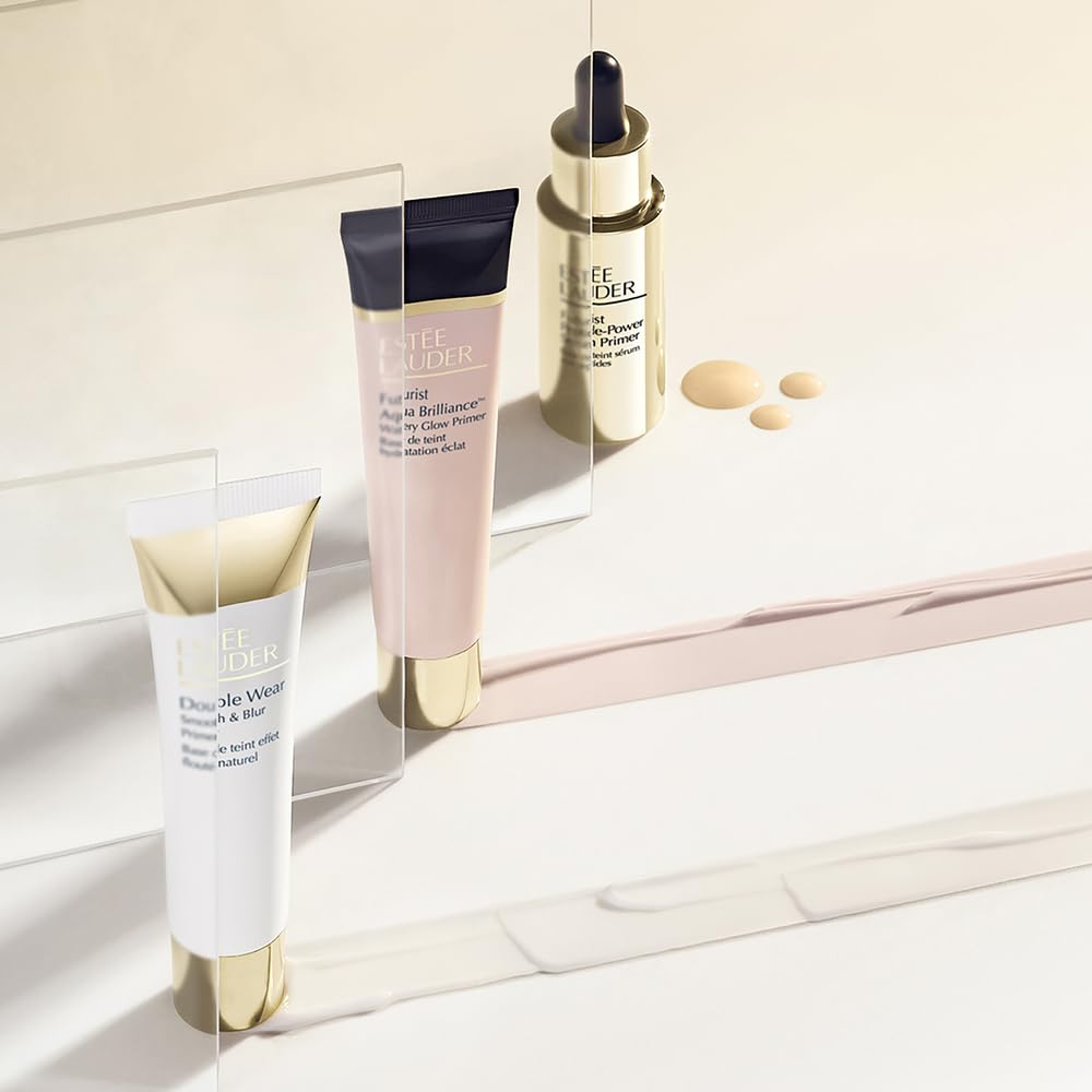 Estée Lauder primer next to common items showing 1.35 fl oz scale for travel convenience
