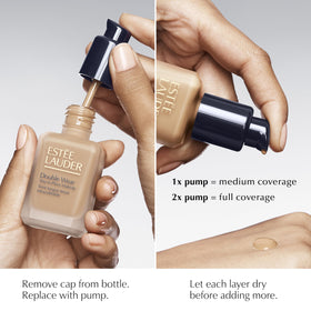 Estée Lauder pump being pressed during application for cleaner, faster makeup