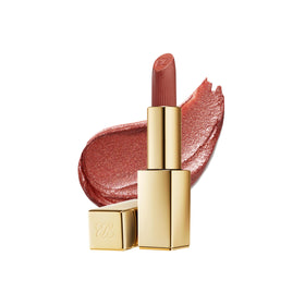 Estée Lauder lipstick tube front view showing gold case and brand, elegant presentation benefit