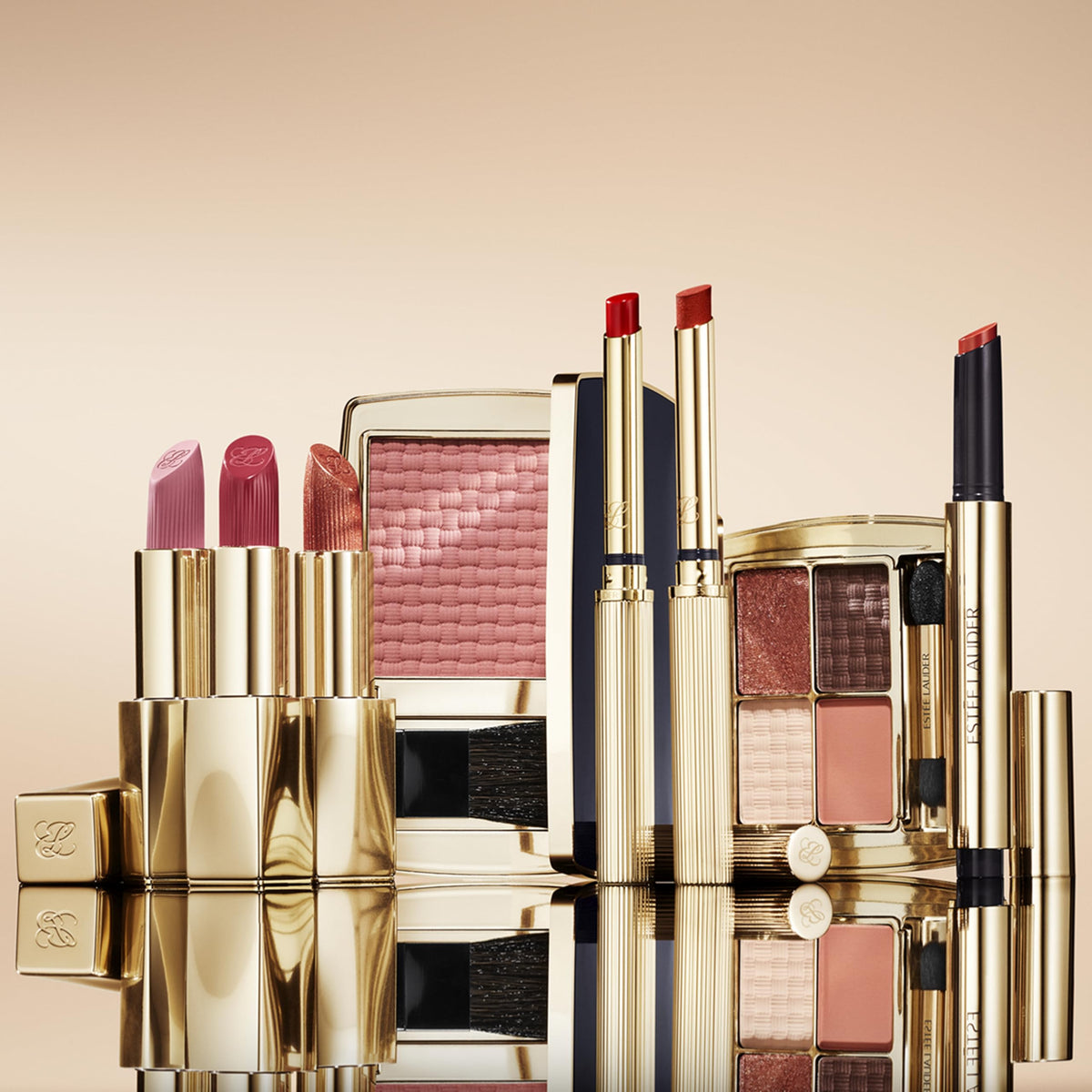 Estée Lauder model application showcasing natural sculpted cheeks and long-wear benefit