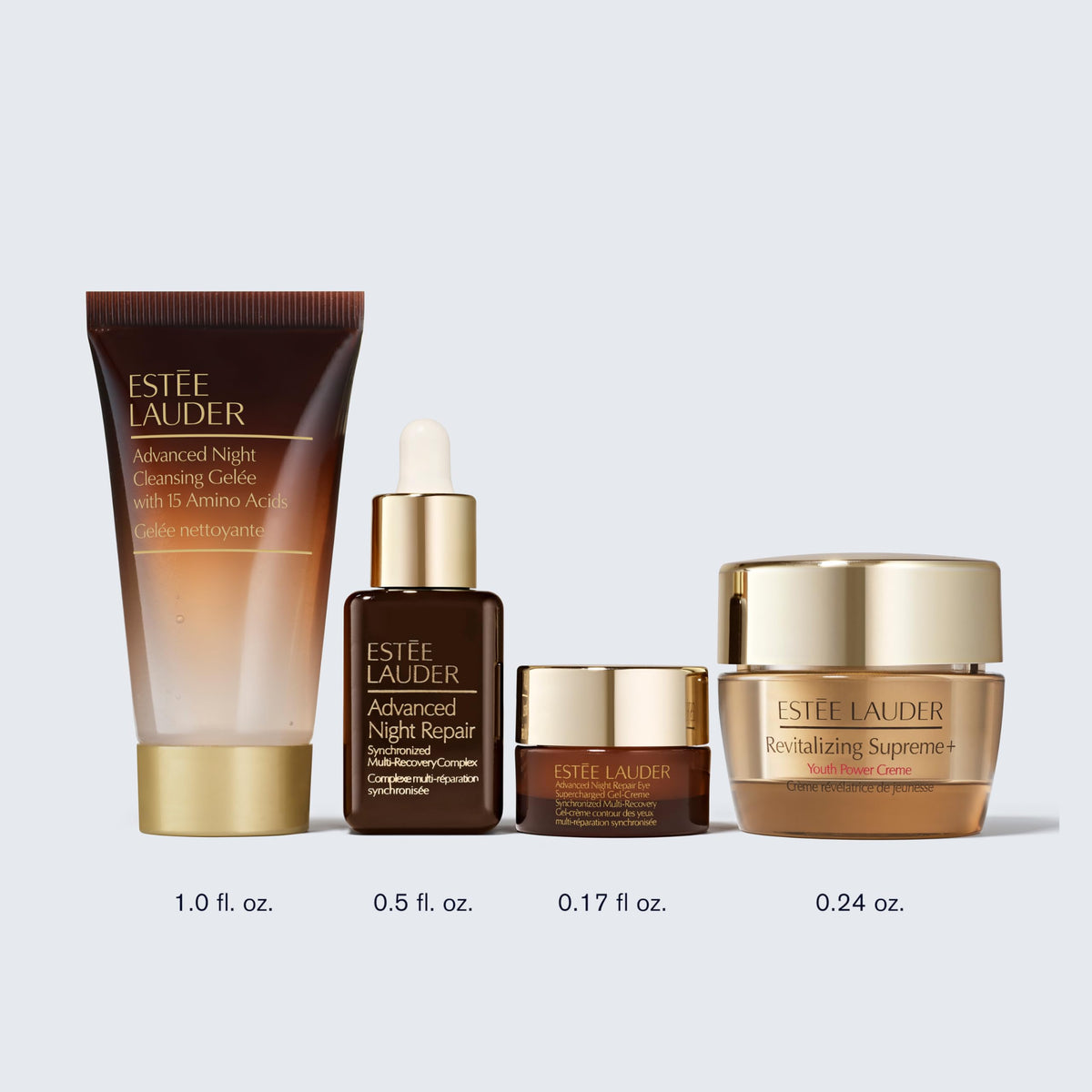 Estée Lauder travel-size set beside a passport highlighting portability and gifting benefit