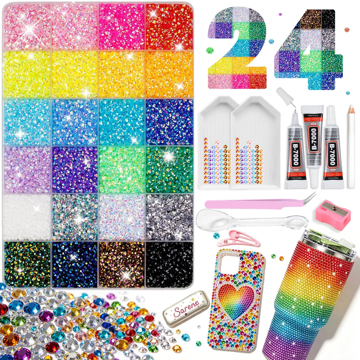 ESUOHYM front packaging showing full bedazzling kit and neat storage
