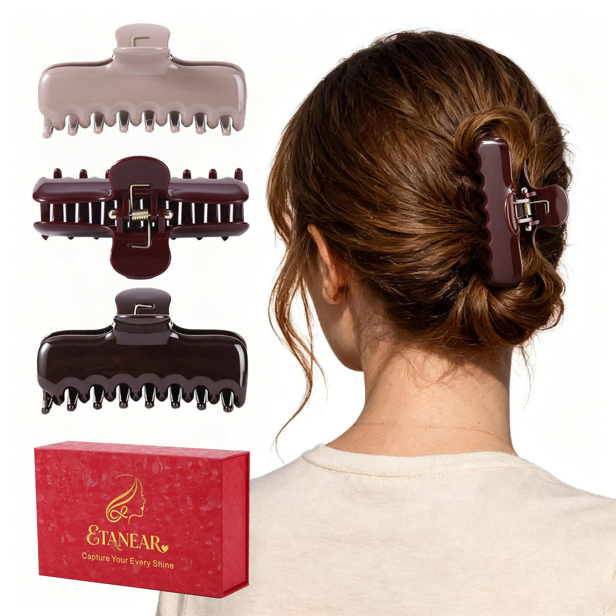 ETANEAR front view of three-clip gift set showing colors and box, polished look