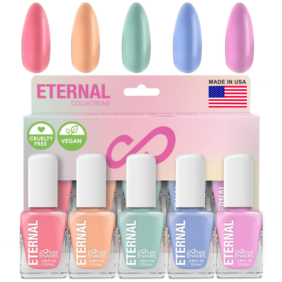 Eternal front packaging showing five pastel bottles and colors for easy selection