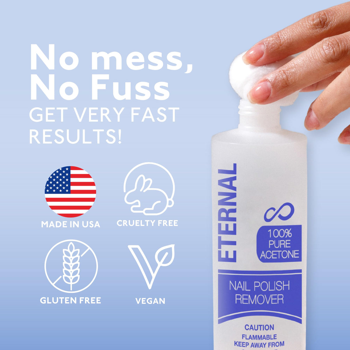 Eternal close-up label clearly showing purity and made in USA benefit