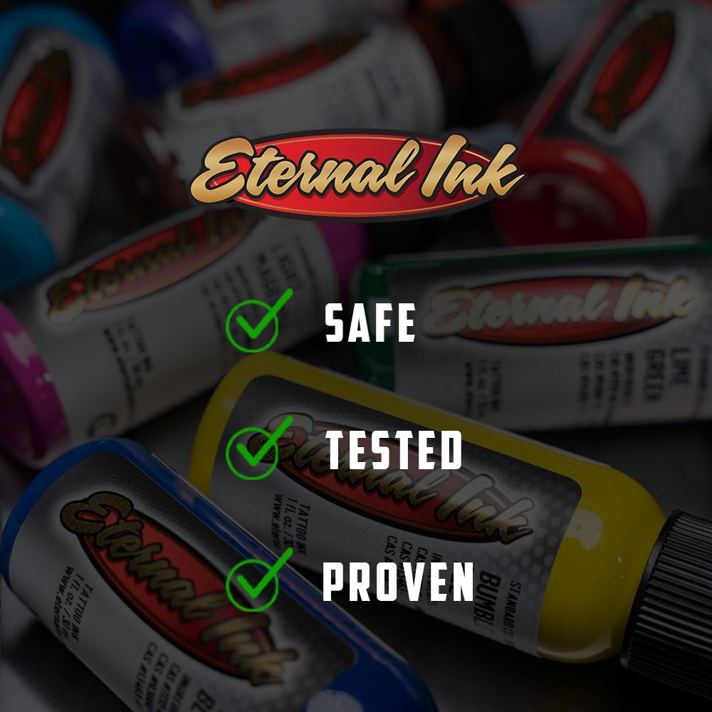 Close view of Eternal Ink label and batch code indicating sterilized, quality-tested product