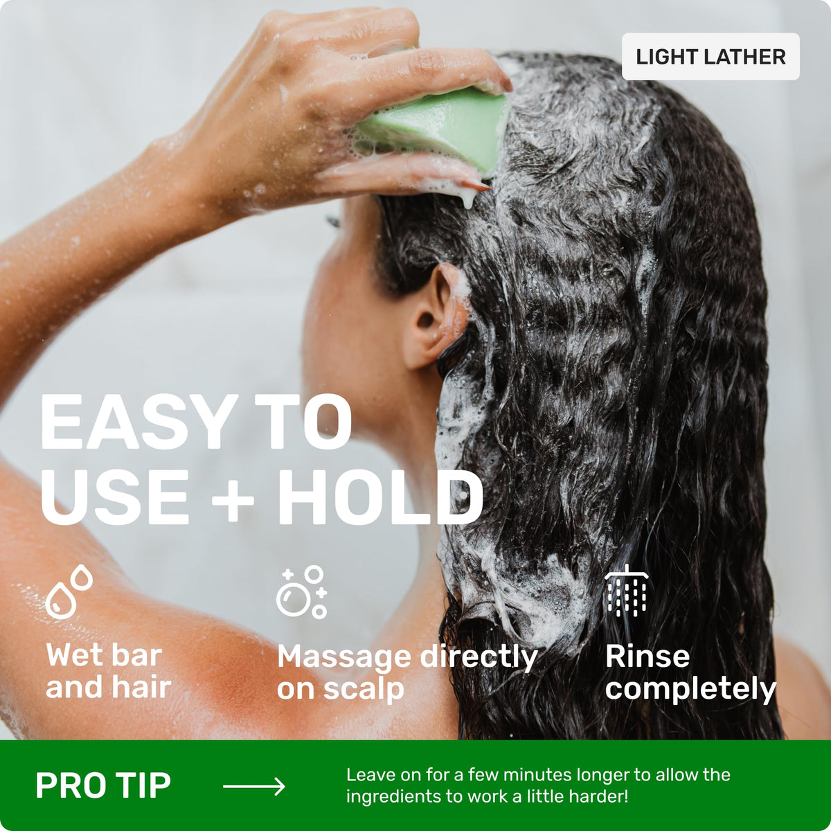 Ethique shampoo bar placed by bathtub showing eco-conscious routine benefit