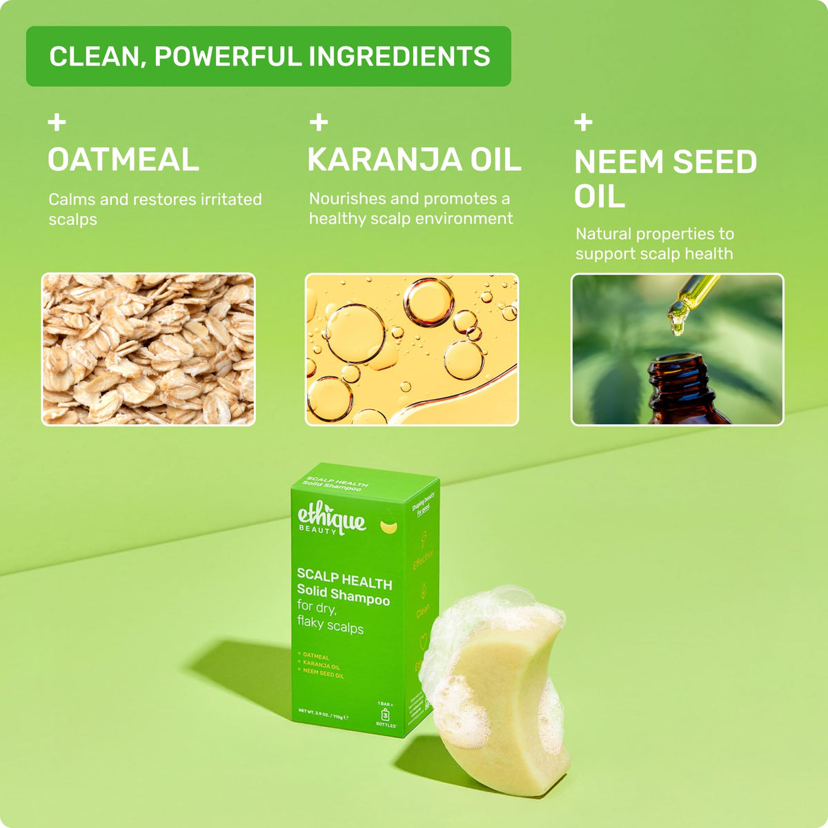 Ethique shampoo bar in hand for scale and compact travel convenience