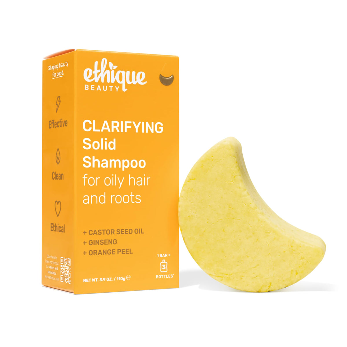 Ethique clarifying shampoo bar front packaging showing brand and weight benefits