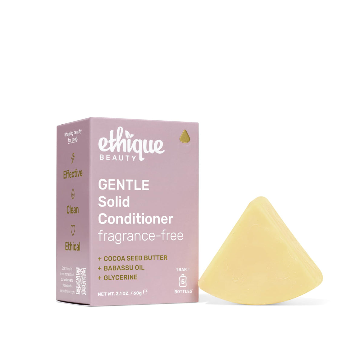 Ethique conditioner bar front packaging showing compact plastic-free design and benefit