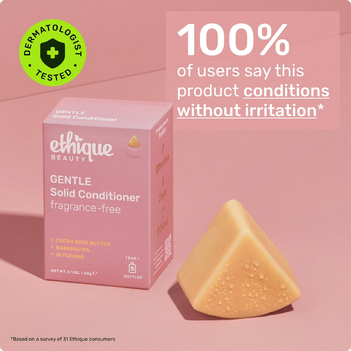 Ethique conditioner bar on draining rack showing quick drying and longer-lasting bar benefit