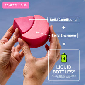 Ethique conditioner bar tucked inside a travel kit for leak-free, carry-on friendly haircare