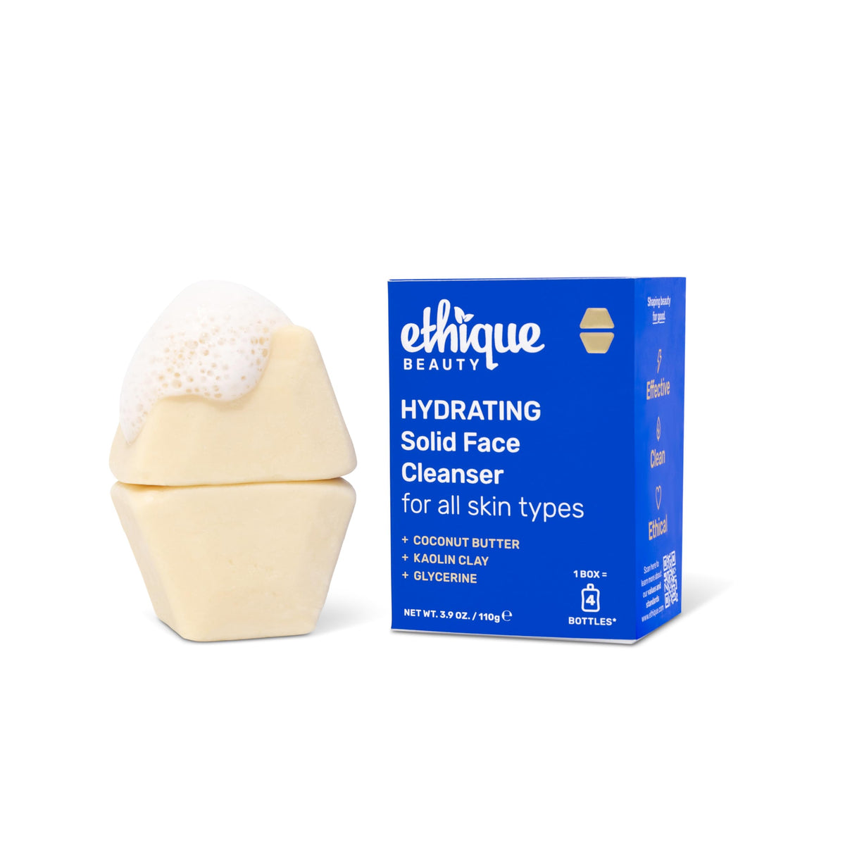 Ethique hydrating front packaging showing two plastic-free face bars and label benefits