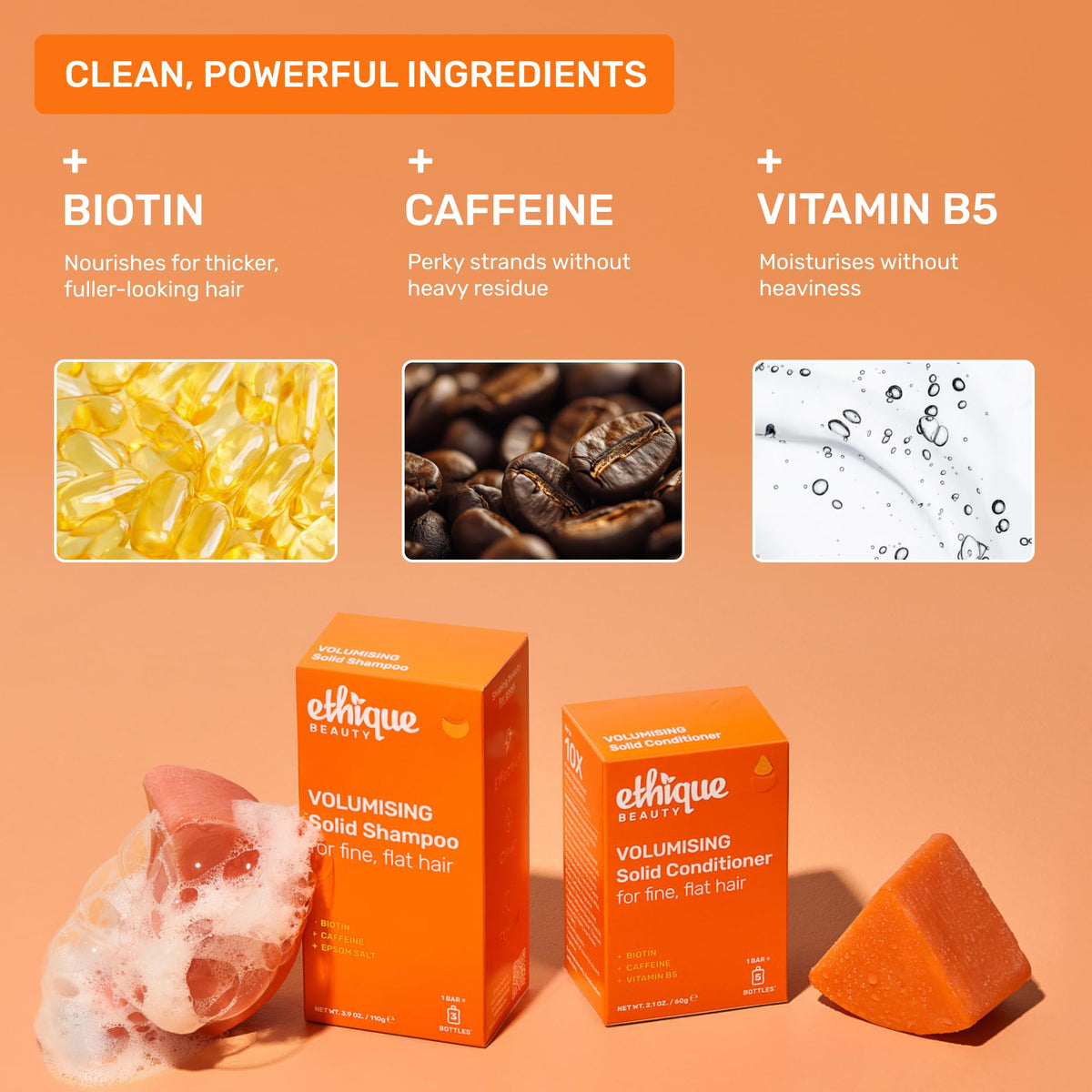Ethique ingredients closeup highlighting biotin and caffeine for fuller-looking hair