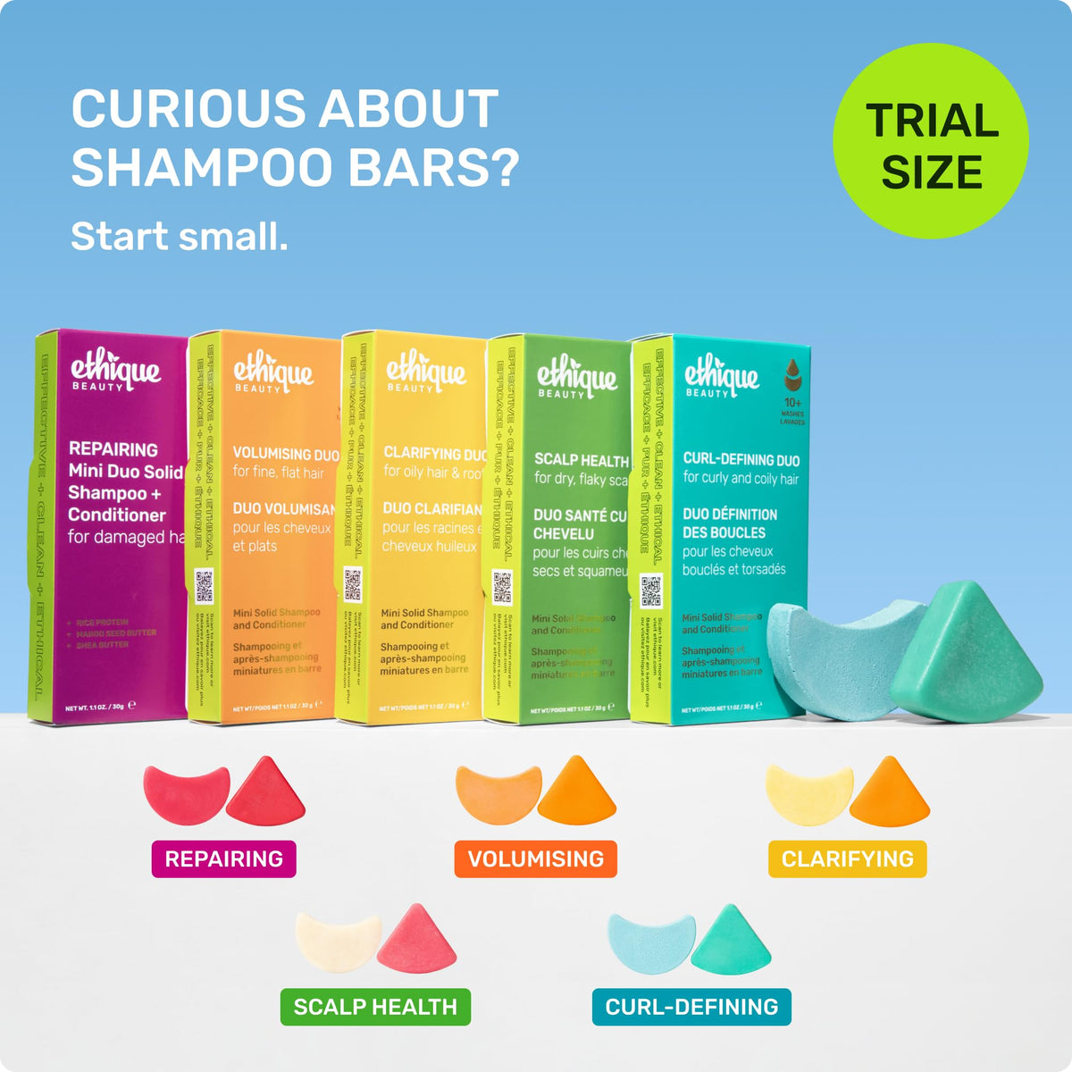 Ethique bars placed in a shower setting showing sustainable, plastic-free haircare convenience