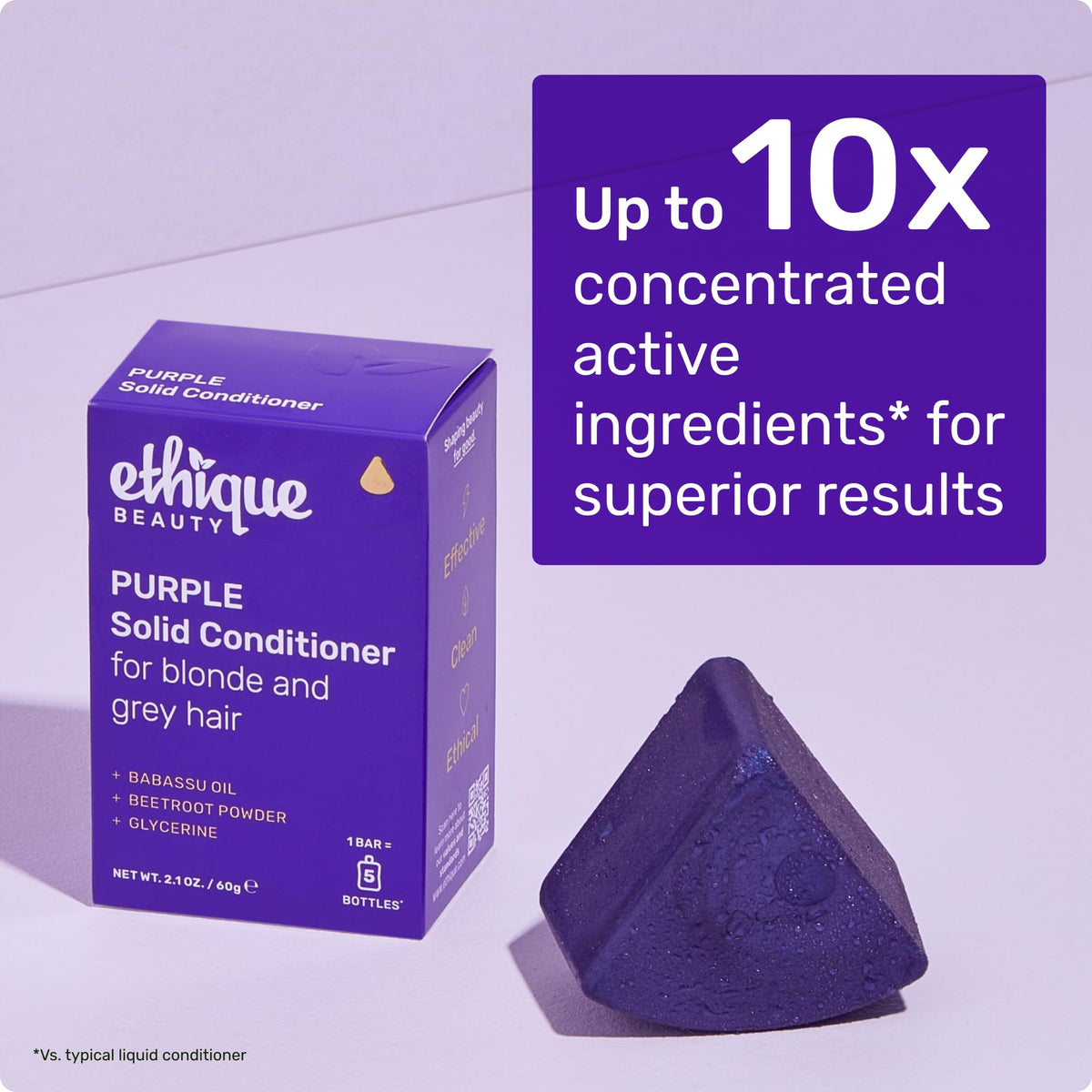 Ethique purple conditioner bar on bathroom shelf shows stylish zero-waste storage