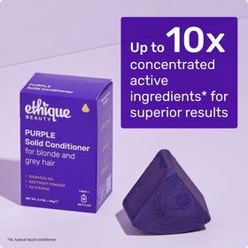 Ethique purple conditioner bar on bathroom shelf shows stylish zero-waste storage