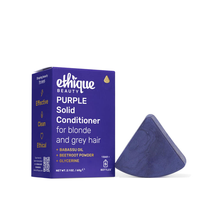 Ethique purple conditioner bar front packaging shows brand and eco benefits