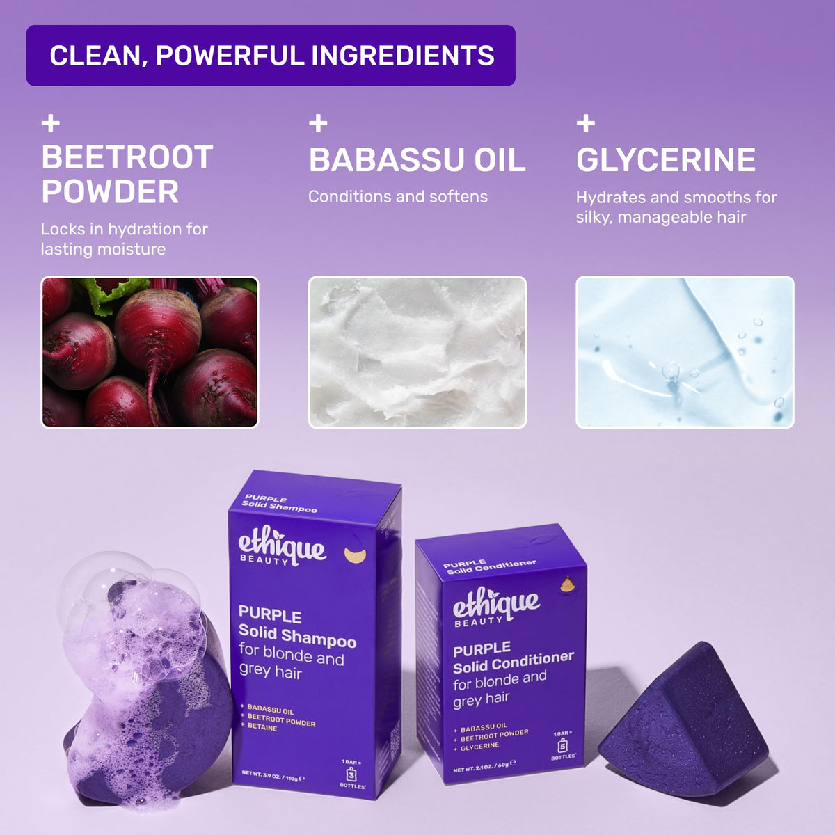 Ethique purple conditioner bar paired with purple shampoo shows complete toning set
