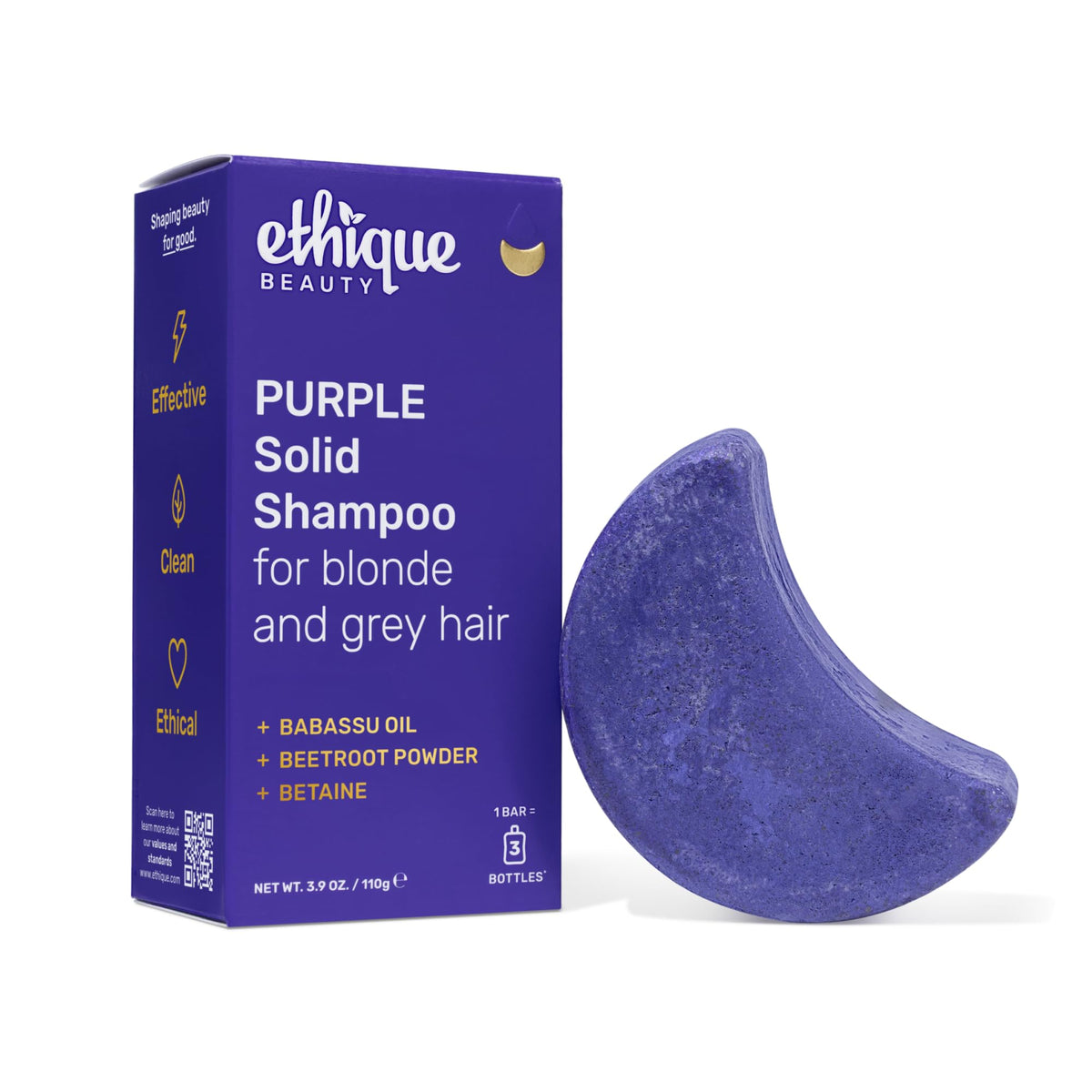 Ethique purple shampoo bar front view showing label and plastic-free benefit