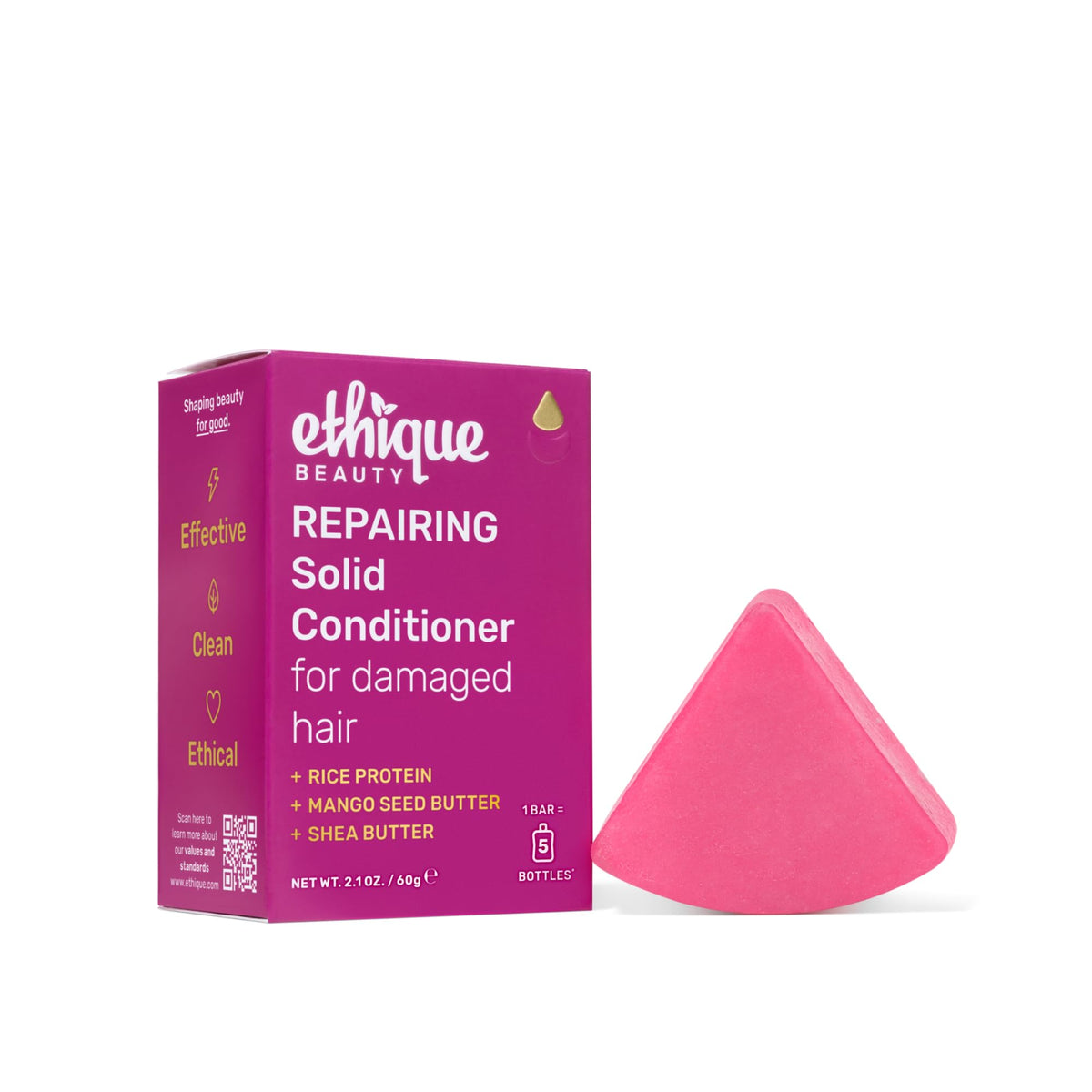 Ethique repairing conditioner bar front packaging showing brand and plastic-free benefit