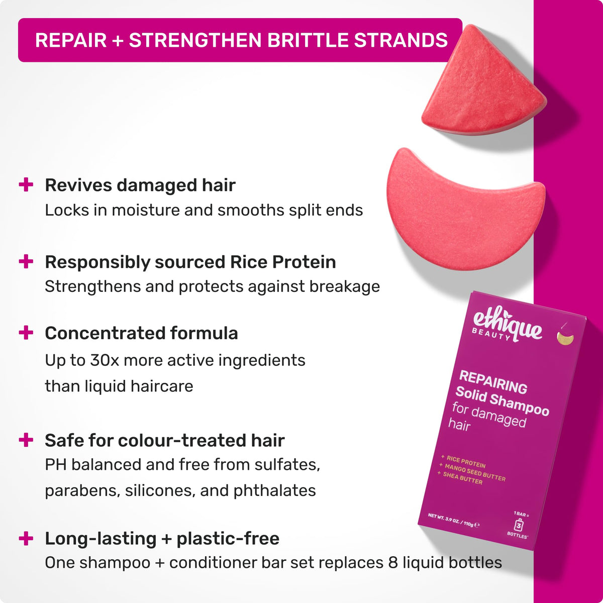 Ethique conditioner bar side profile with weight stamp highlighting compact travel convenience