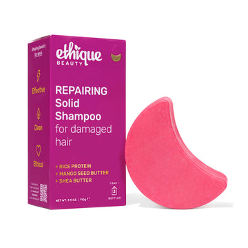 Ethique repairing shampoo bar front packaging showing eco label and benefits