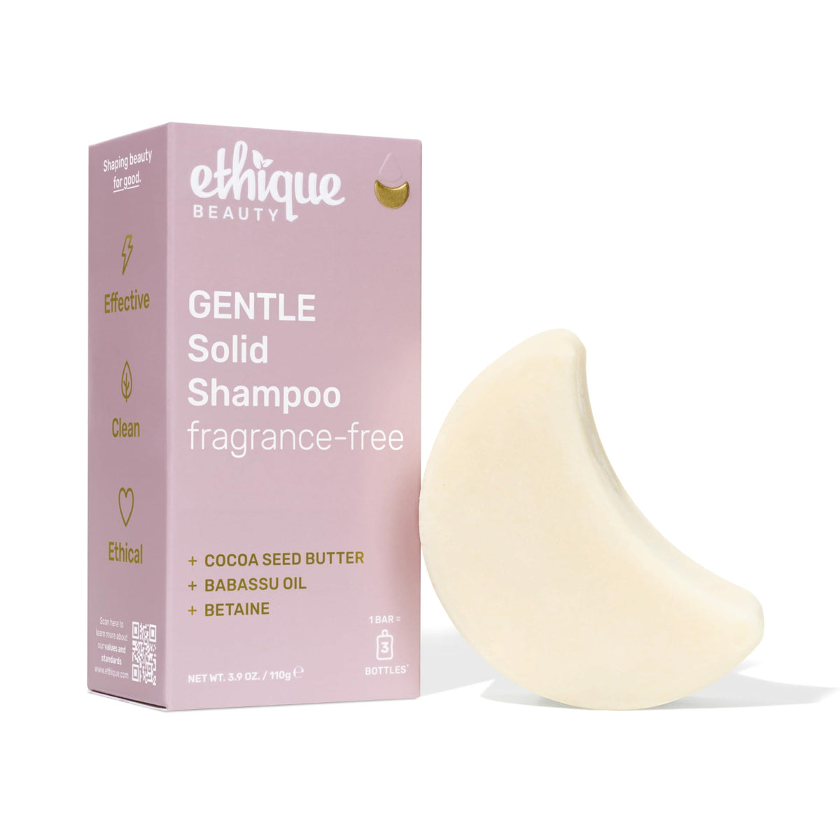 Ethique shampoo bar front packaging showing eco-friendly plastic-free design and clear labeling benefit