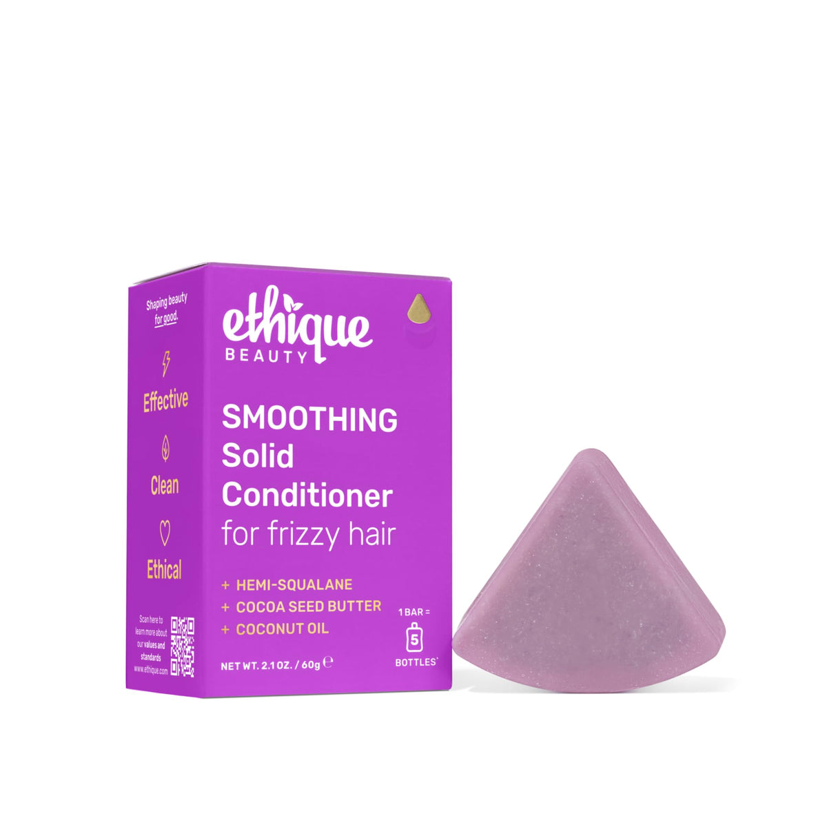 Ethique smoothing conditioner bar front packaging showing brand and sustainable design benefits