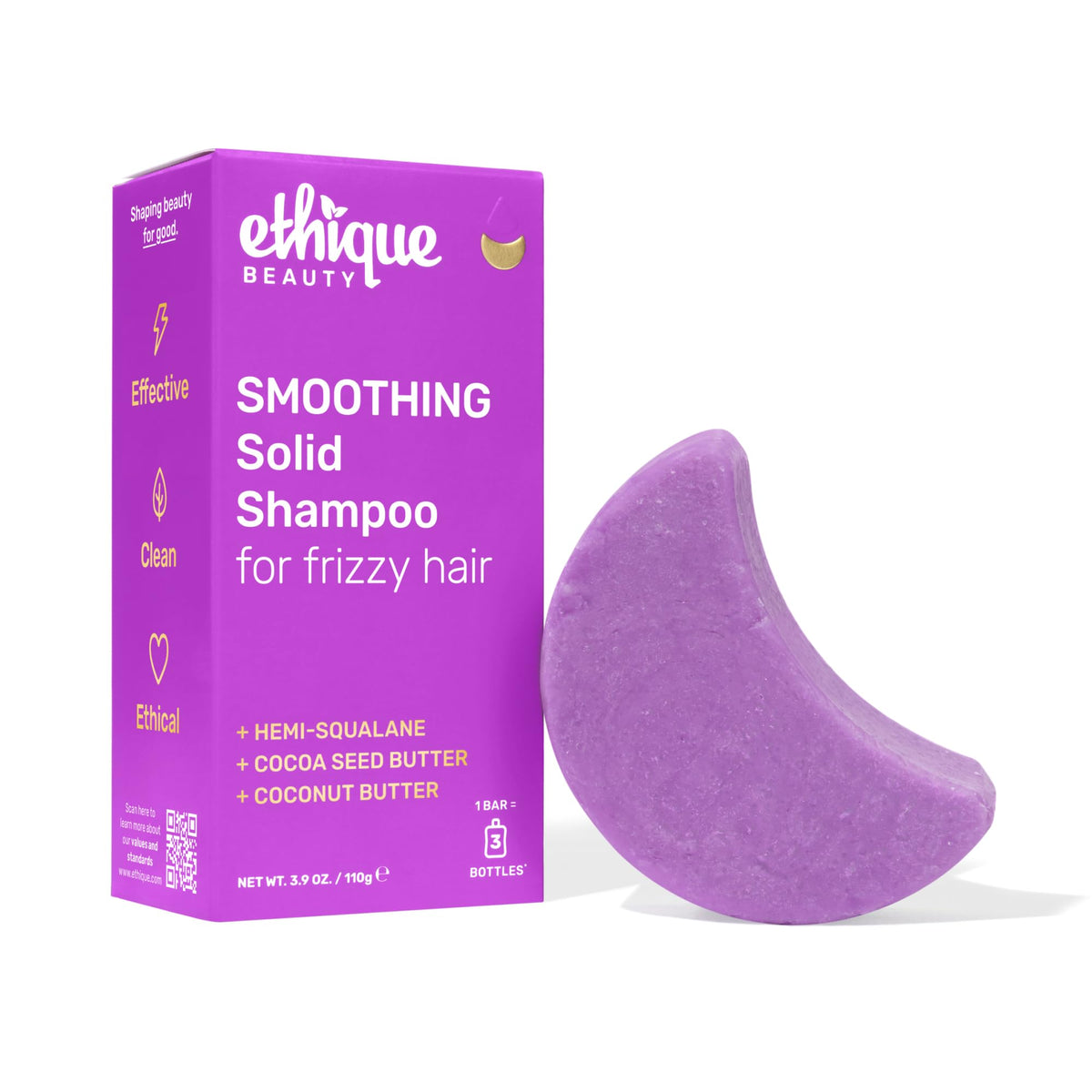 Ethique smoothing shampoo bar front view showing compact plastic-free shape and eco benefit