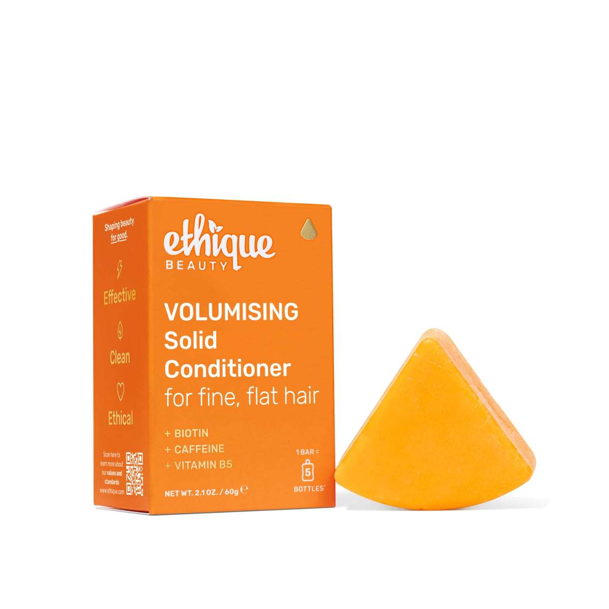 Ethique volumizing conditioner front view showing compact plastic-free bar and label benefits