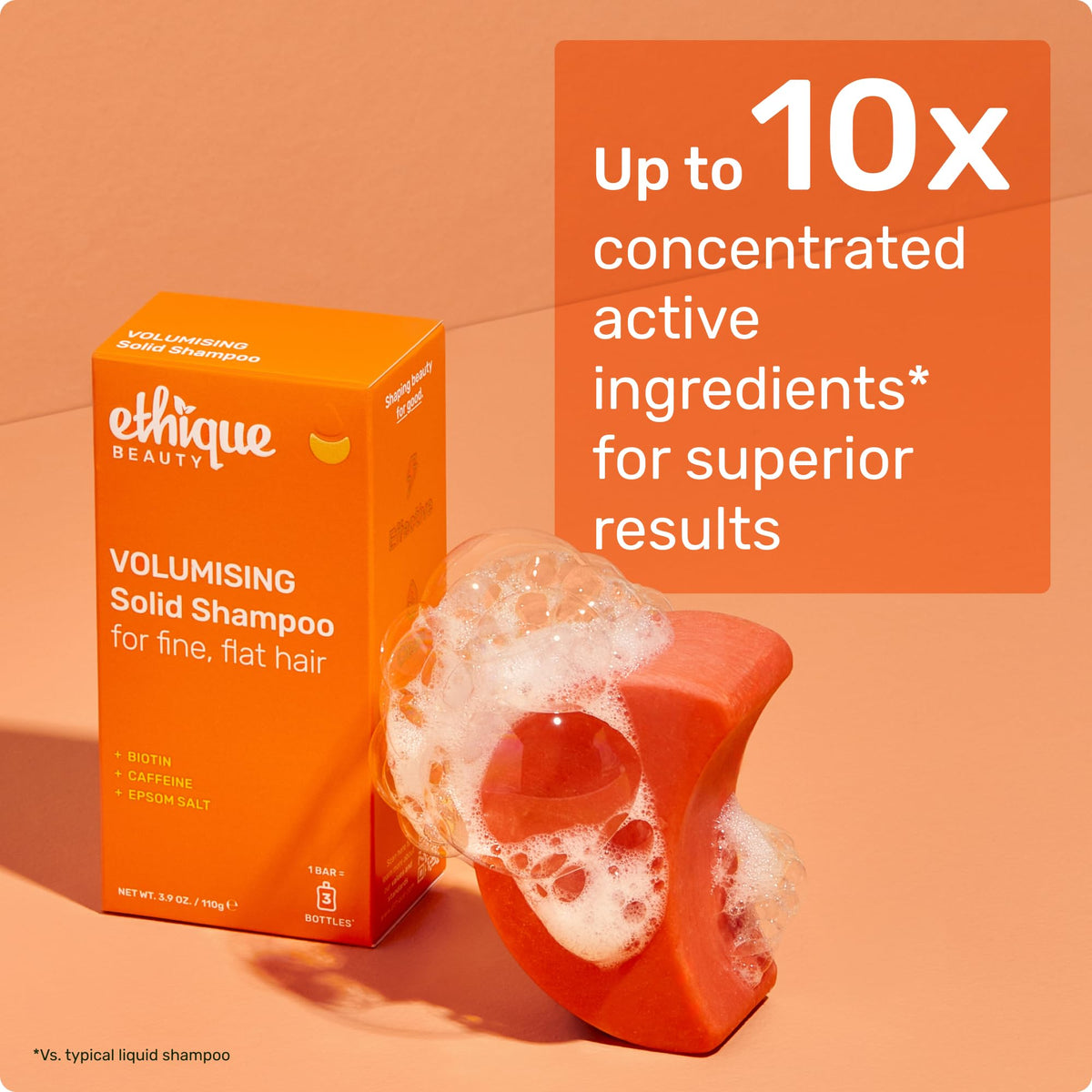 Label close-up on Ethique packaging listing biotin, caffeine, and vegan ingredients