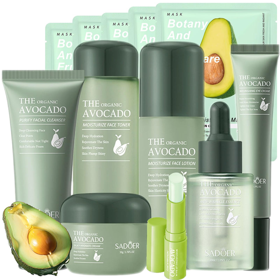 Etuanxi front packaging showing full 12-piece avocado skincare set benefits