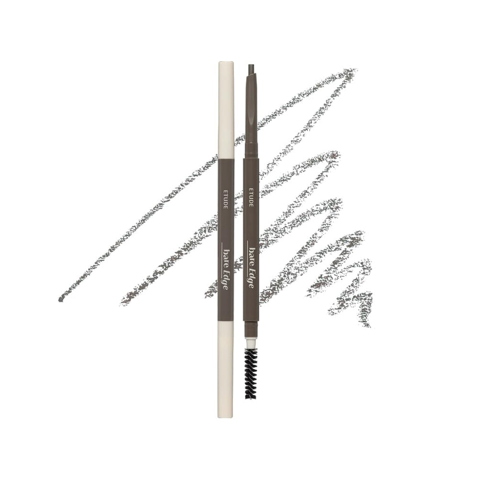 ETUDE bare edge front angle showing slim pencil and grey-brown color for precise shaping