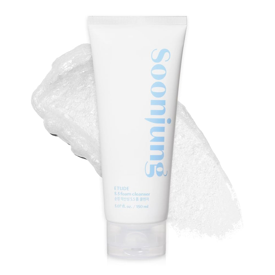 ETUDE front packaging showing cleanser bottle and clear calming design benefits gentle care