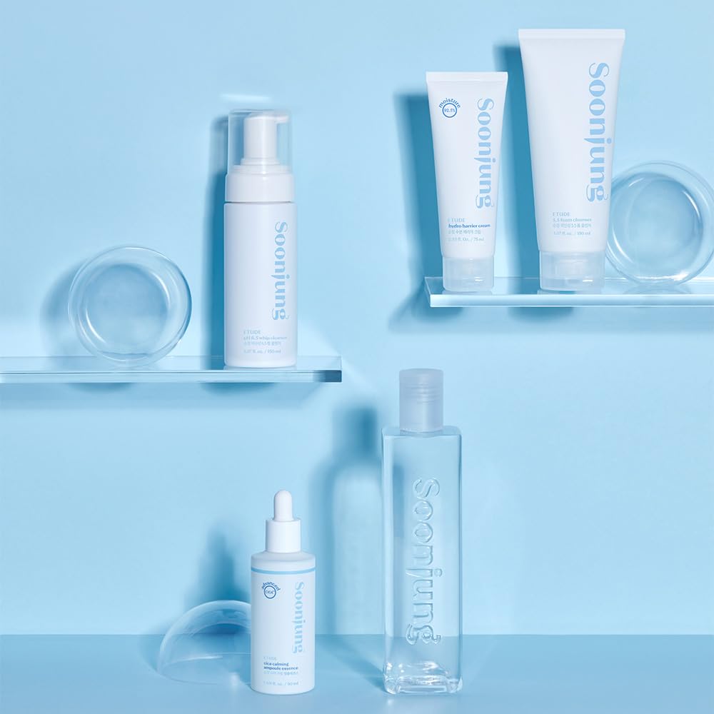 ETUDE bottle staged on bathroom shelf conveying minimalist Korean skincare routine