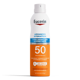 Eucerin bottle front packaging showing SPF 50 and hydration benefits