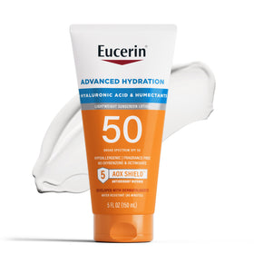 Eucerin front tube showing SPF 50 and hydration benefits for daily protection