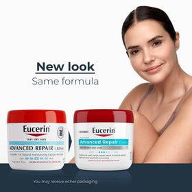Eucerin label close-up highlighting urea and ceramide benefits