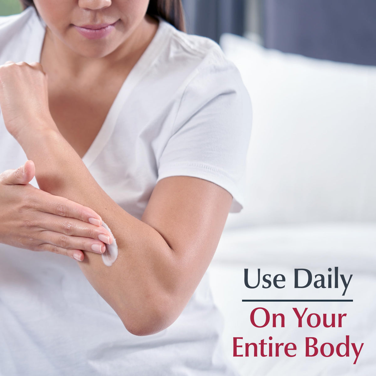 Eucerin jar on bathroom shelf promoting daily routine convenience